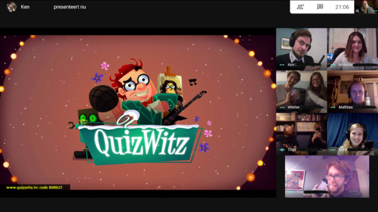 A screenshot of an online meeting with people playing QuizWitz